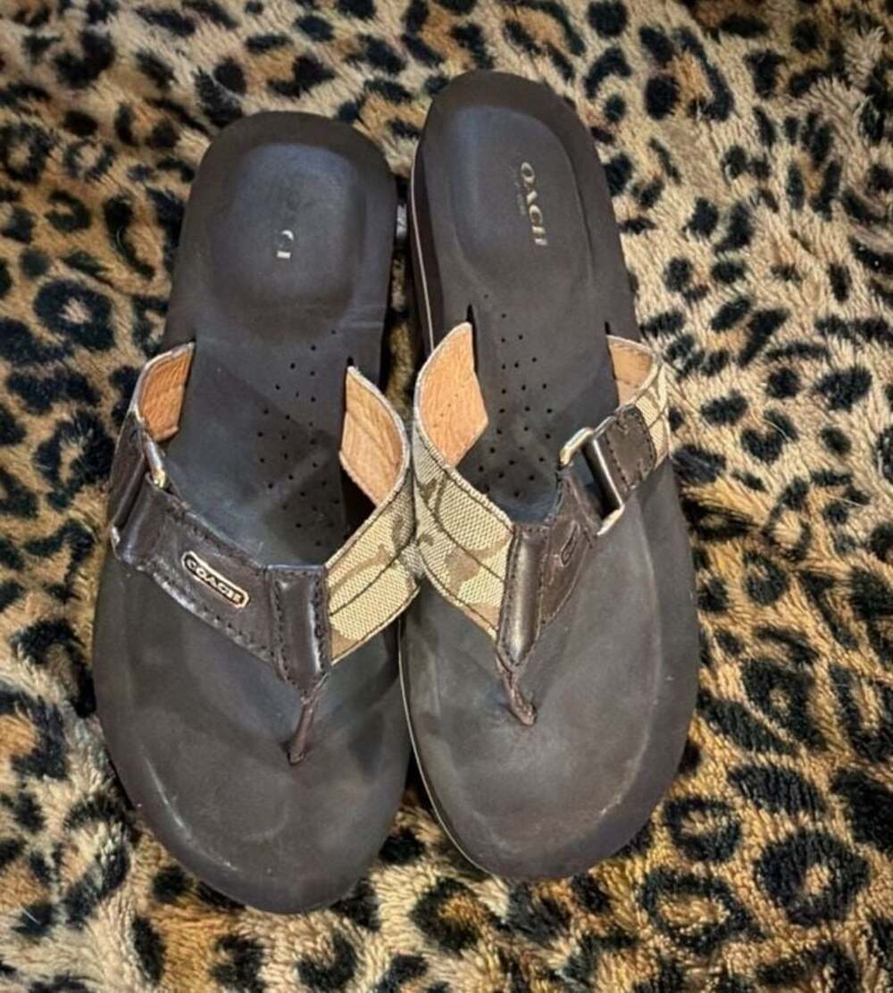 Coach Brown Signature Canvas Thong Wedge Sandals Flip Flops